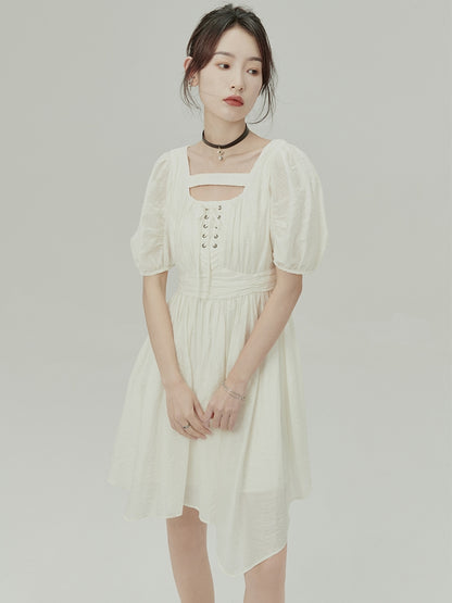 Jacquard Irregular Puff Sleeve Dress