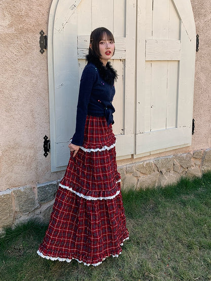 Plaid Niche Lace Long Skirt