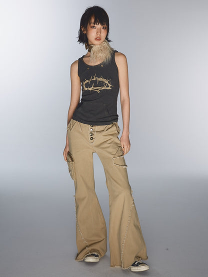 ULTRA-LOW WAIST RAW EDGE RIVET DENIM FLARED PANTS