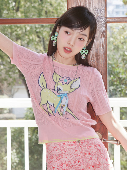 Cartoon Fawn Hollow Round Neck Knit