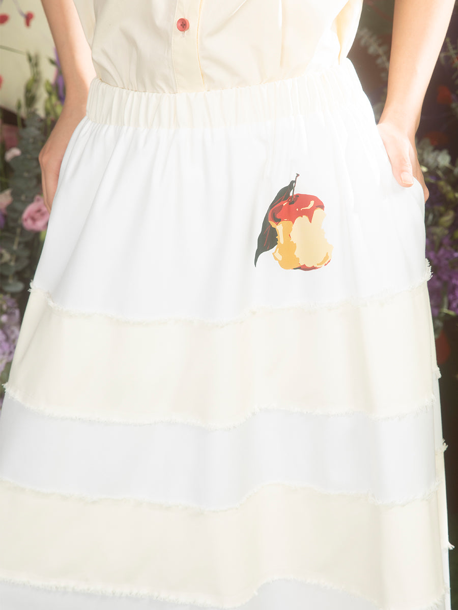 Apple Printed Raw Edge Stripe Patch Skirt