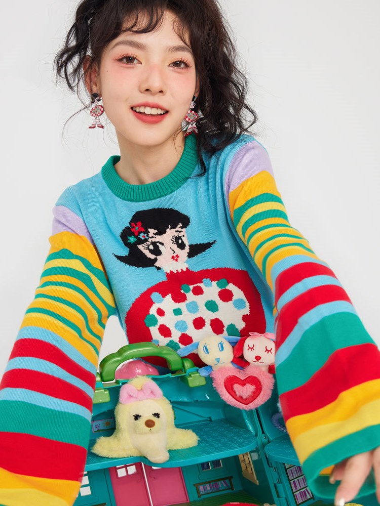 Rainbow Color Retro Striped Knitted Sweater