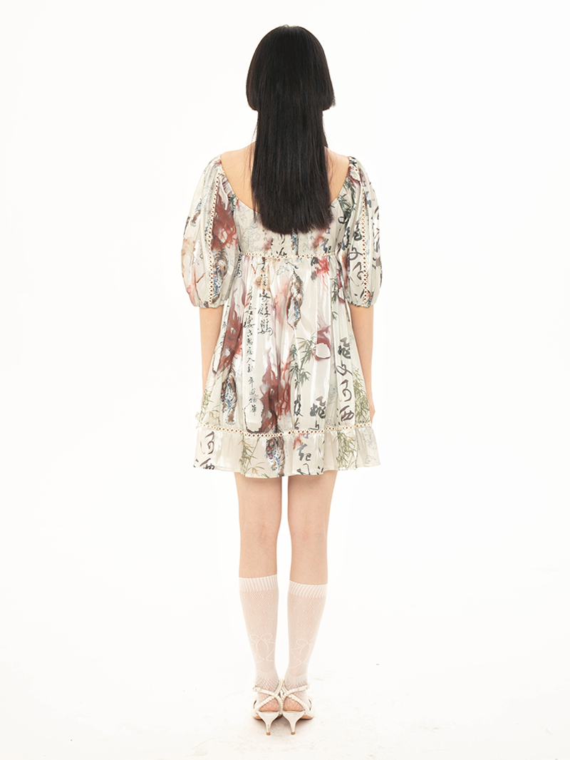 Chinese Style Print Puff Sleeve Dress