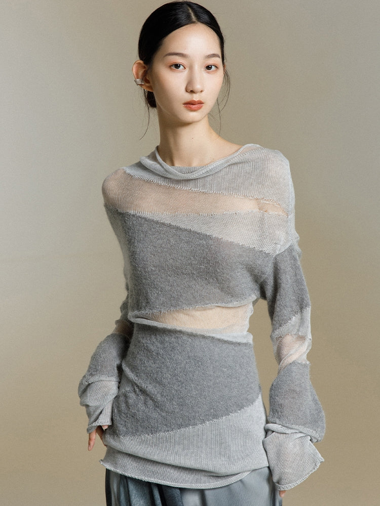 Mesh Stitching Hollow Knitted Sweater