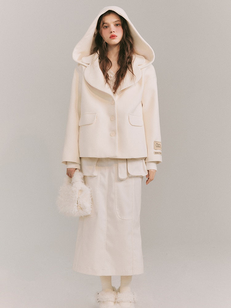 Detachable Big Hat Woolen Jacket