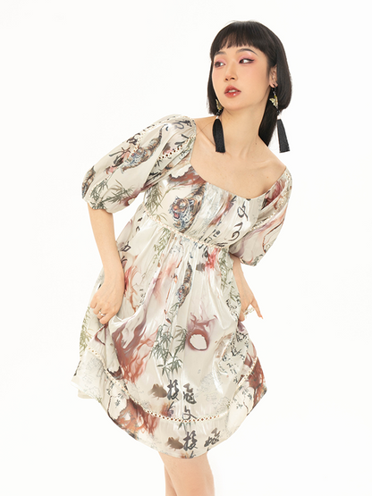 Chinese Style Print Puff Sleeve Dress