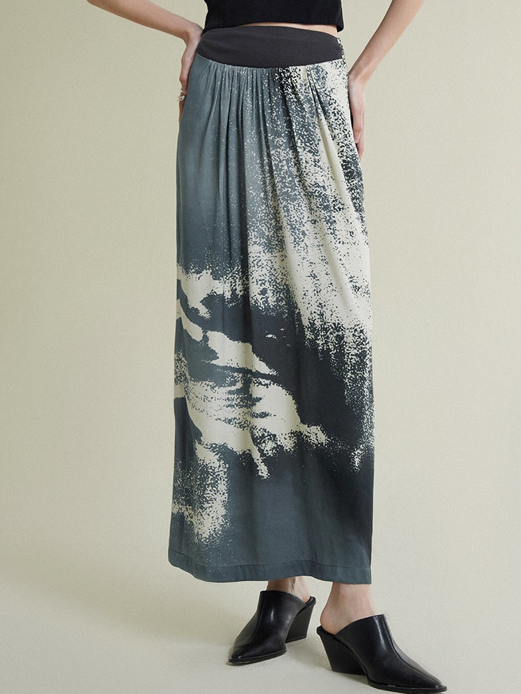 Waist Knitted Stitching PLEATED PRINTED SKIRT