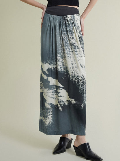 Waist Knitted Stitching Pleated Printed Skirt