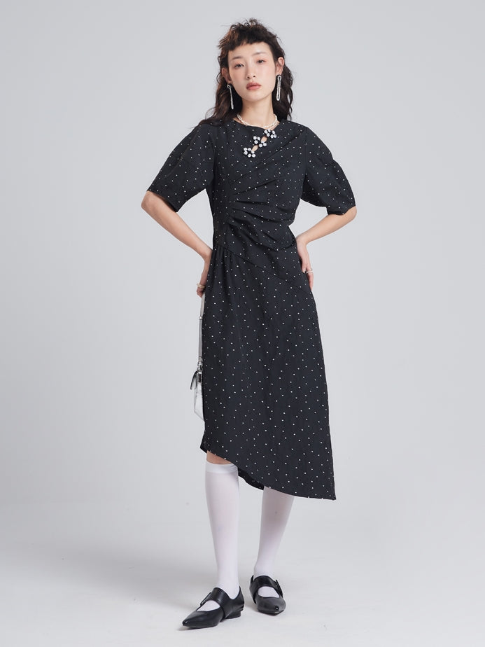 Bead Flower Jacquard Polka Dot Irregular Dress