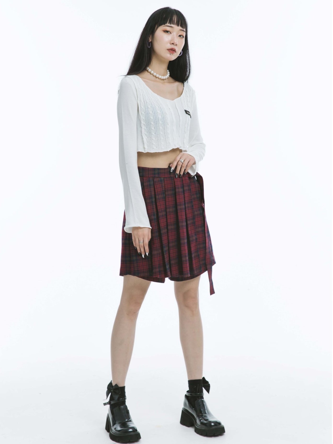 Plaid Pleats Short College Culottes