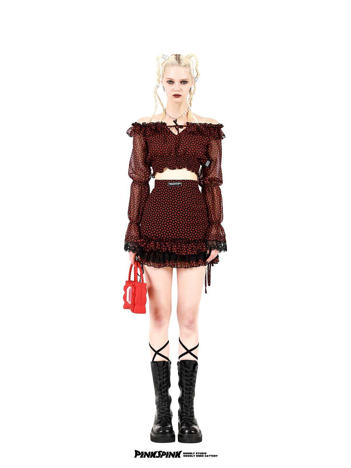 Cropped Sheer Moon Frill Blouse Skirt Set-UP