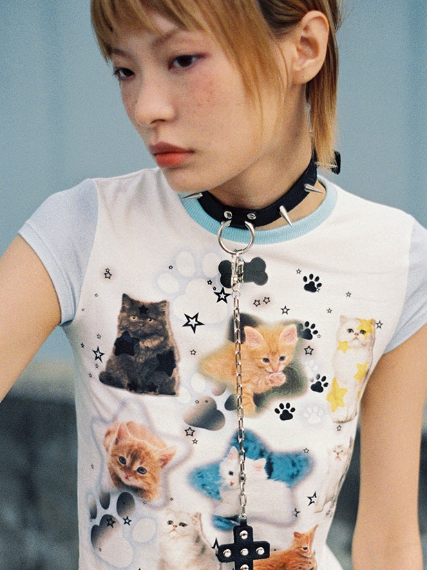 Casual Nichi Animal Cats Cropped T-Shirt