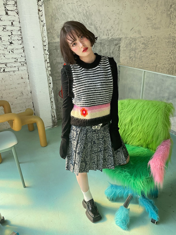 Striped Niche Flower Embroidery Vest dont bite eyes ARCANA ARCHIVE
