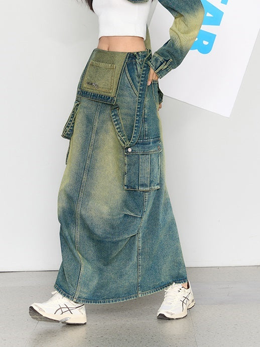 Washed Denim Tooling Suspenders Skirt