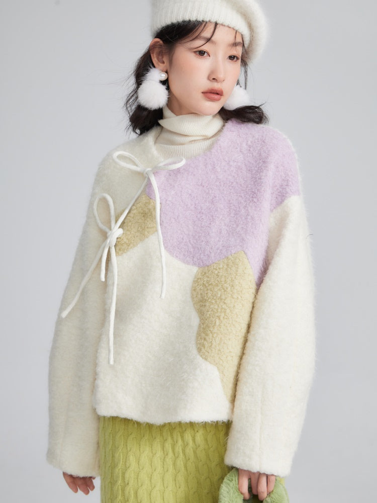 Contrast Color Peony Slanted Placket Heavy Woolen COAT