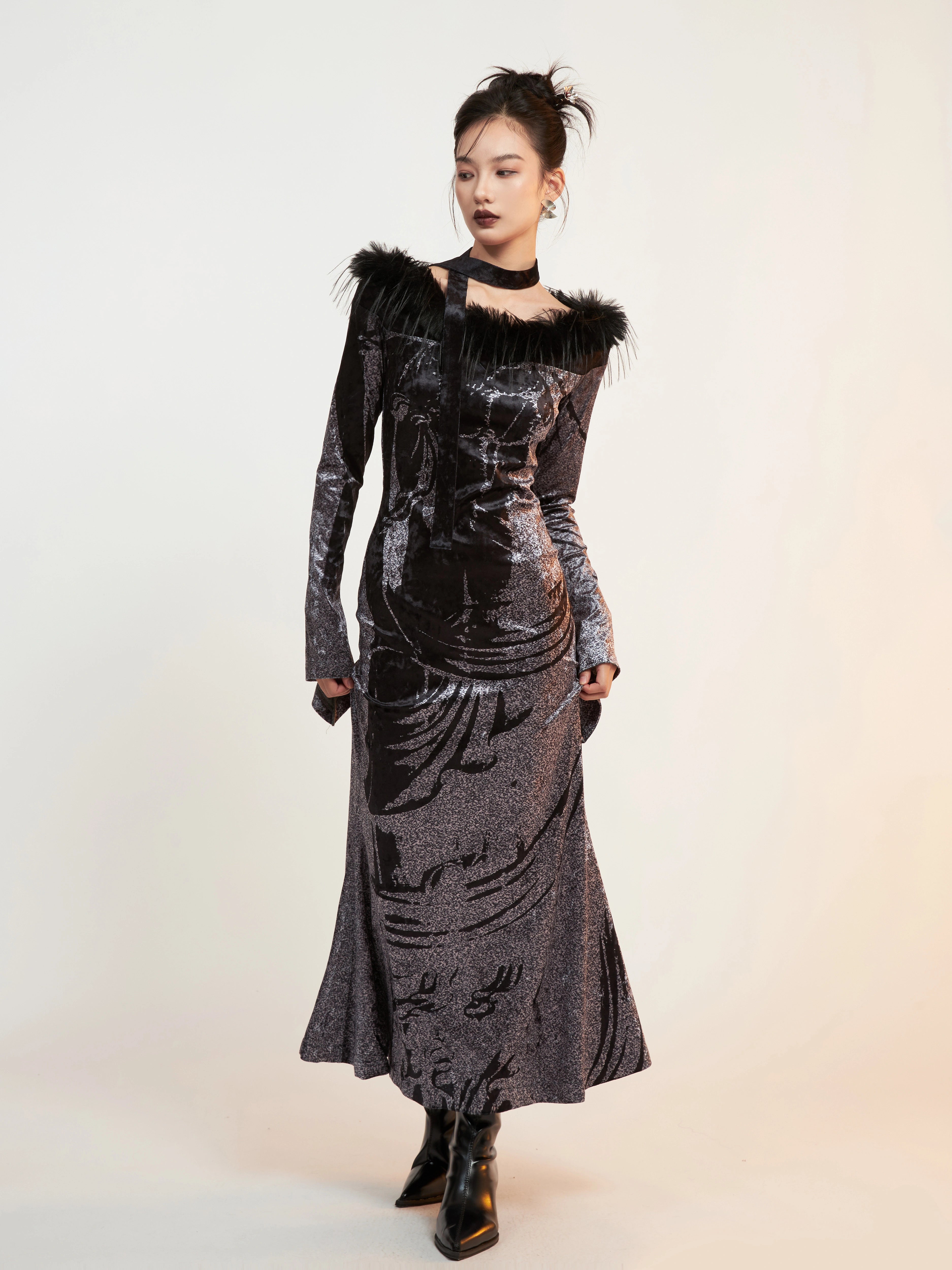 Velvet Printed Imitation Fur Stitch Slim Long Dress