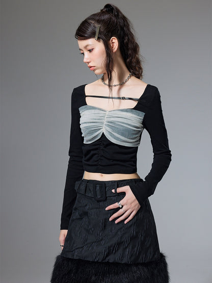 Mesh stitching Smocked Bottoming Shirt