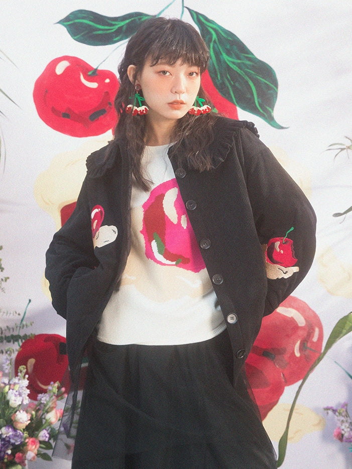 Cream Cherry Pattern Embroidery Navy Collar Jacket