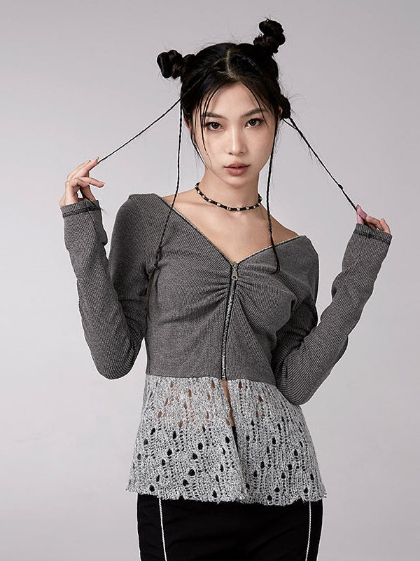 V-neck Zipper Knitted Cardigan