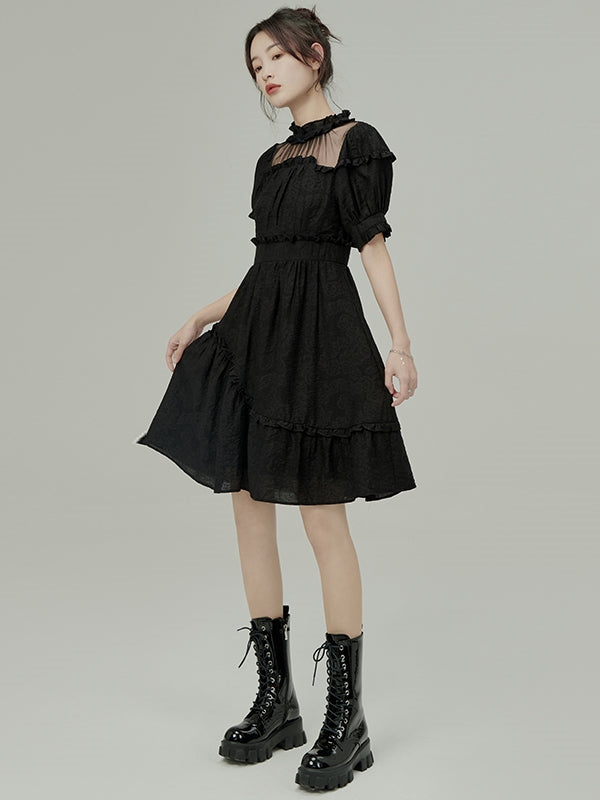 Jacquard Black Bow Asymmetric Dress