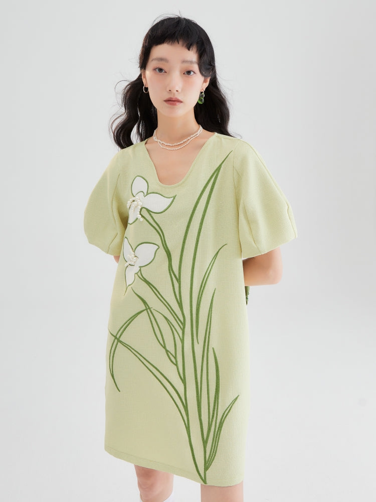 Embroidered Applique é Pearl Puff Sleeve Dress