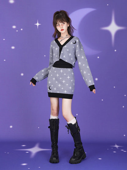 Starry Sky Design Knitted Cardigan &amp; Short Skirt