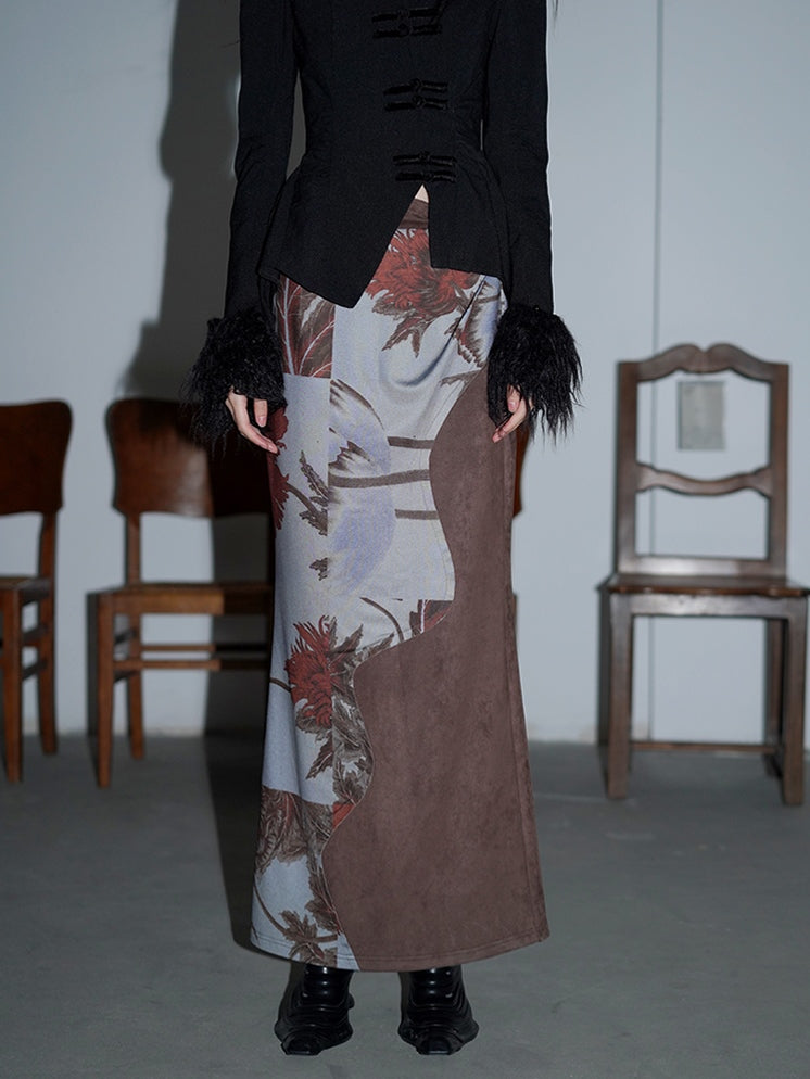 Suede Patch Print Long Skirt - badtaste – ARCANA ARCHIVE