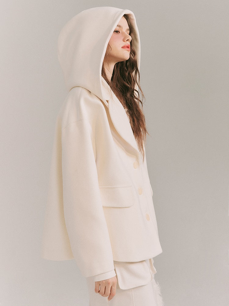 Detachable Big Hat Woolen Jacket