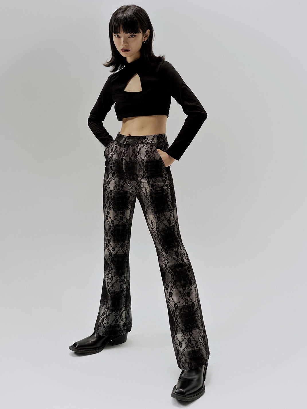 Micro-slack Plaid Flared Pants