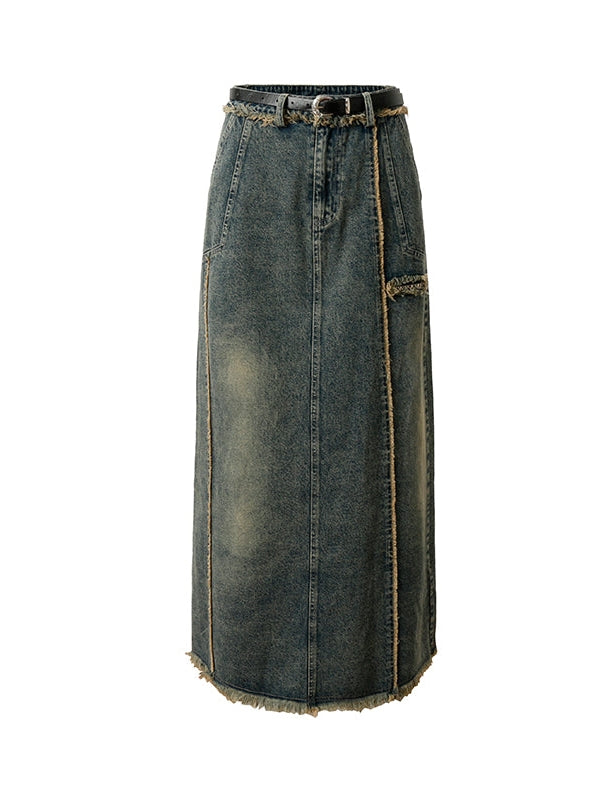 Retro Raw Edge Slit Washed Denim Skirt