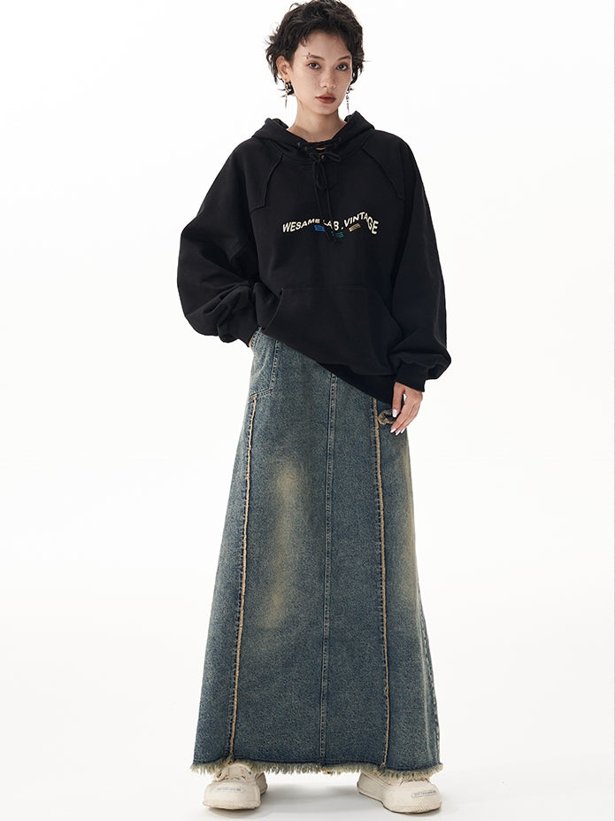 Retro Raw Edge Slit Washed Denim Skirt