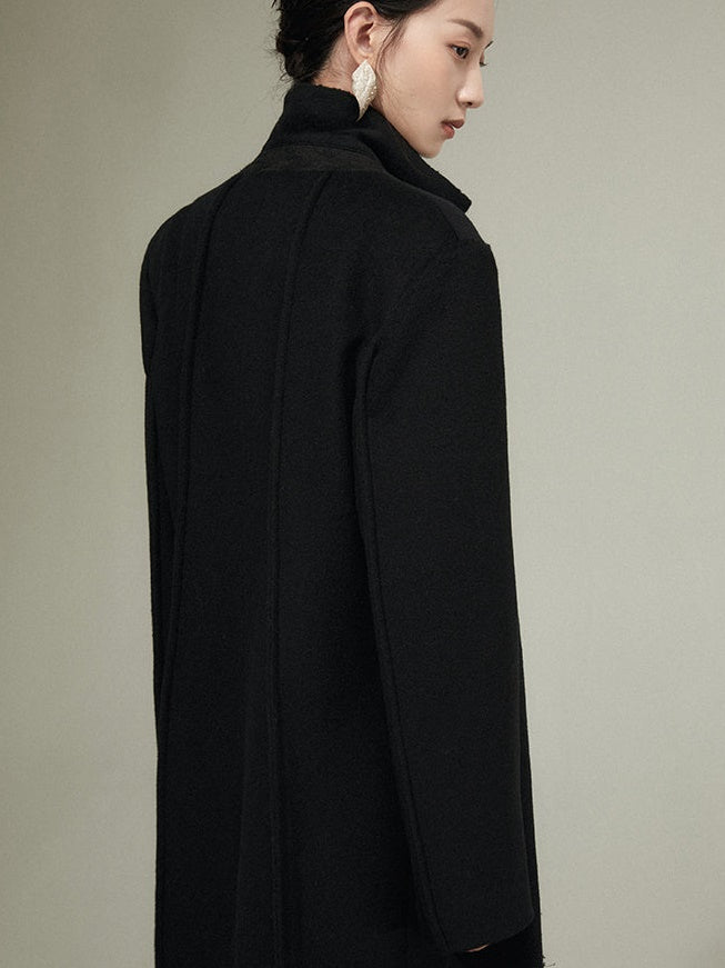 Geometric Texture Stitching Double-breasted Long Woolen Coat