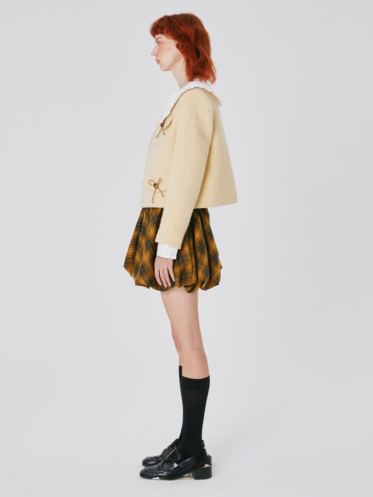 Sweet Cute Ribbon UNIQUE NO-COLLAR TWEED JACKET