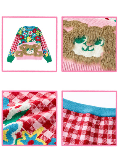 Plaid Plush Bear Flower Knitting Sweater &amp; Skirt