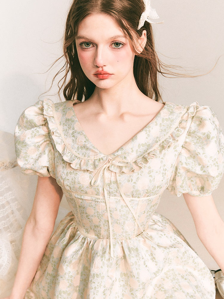 Jacquard Vneck Puff Sleeves Dress ARCANA ARCHIVE