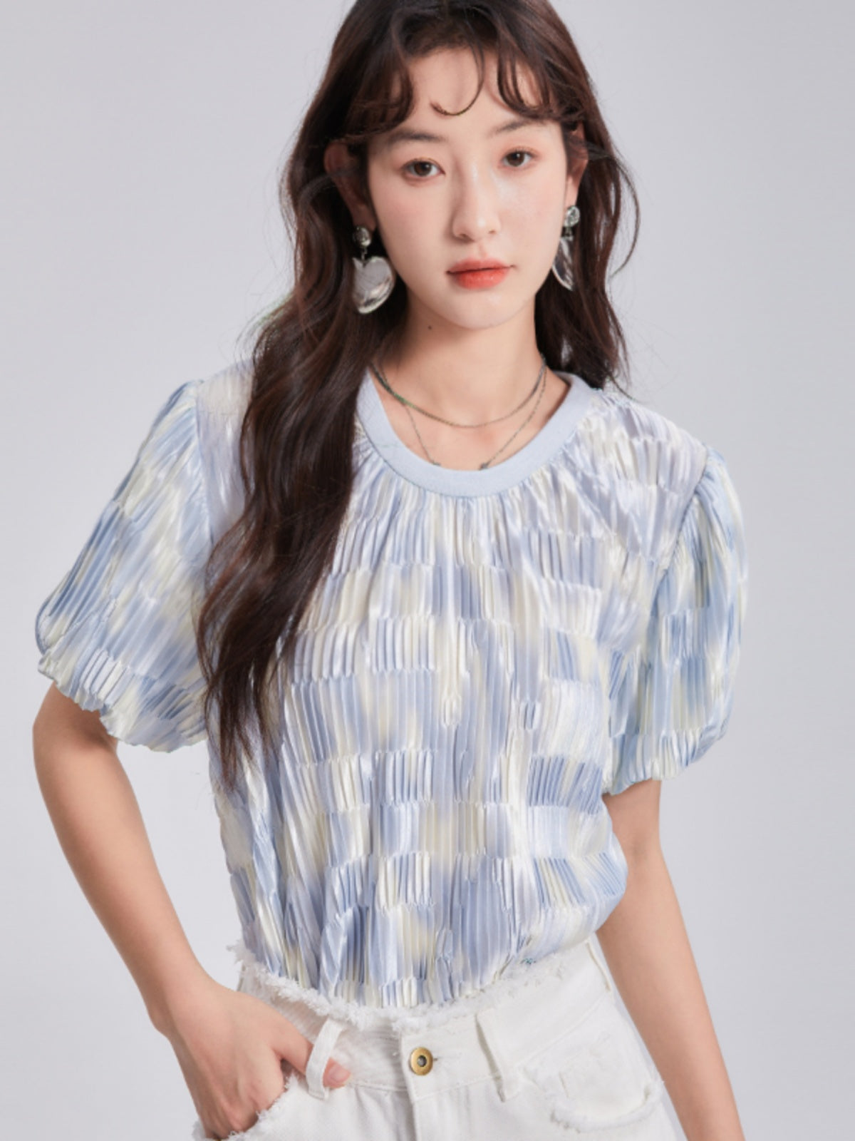 Gradient Pleated Short-sleeved T-shirt &amp; Skirt