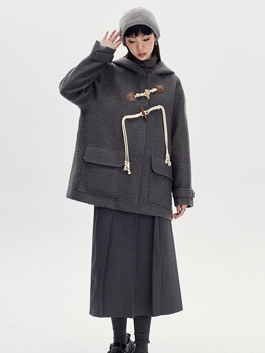 Hooded Horn Buckle Wool Coat