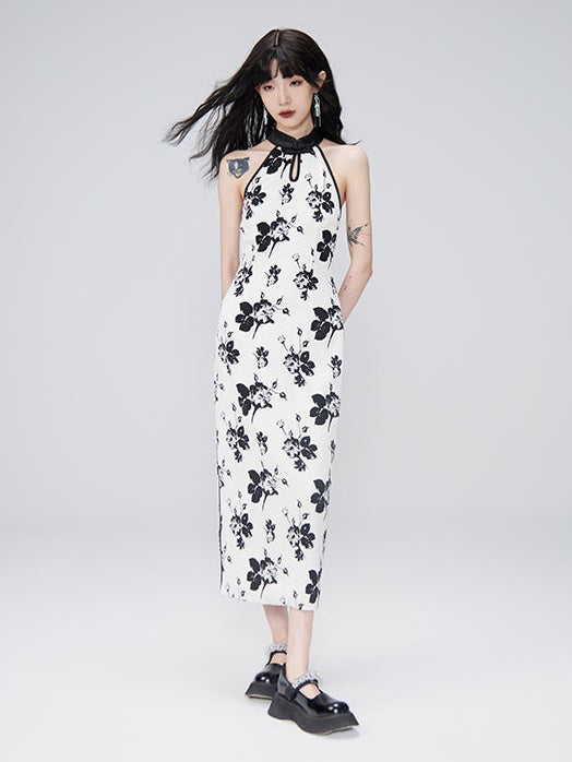 Chinese-style Printed Sleeveless Dress &amp; Cardigan Shirt