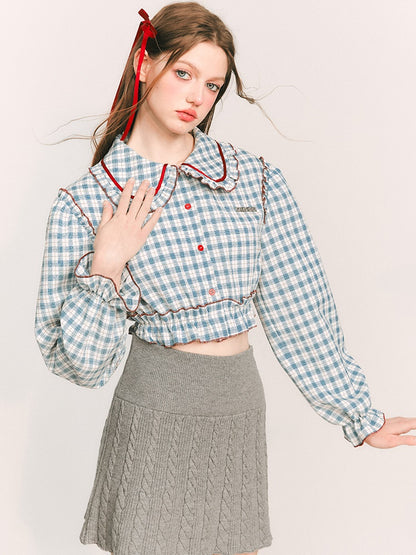 PLAID DOLL COLLAR PUFF SLEEVE SHIRT