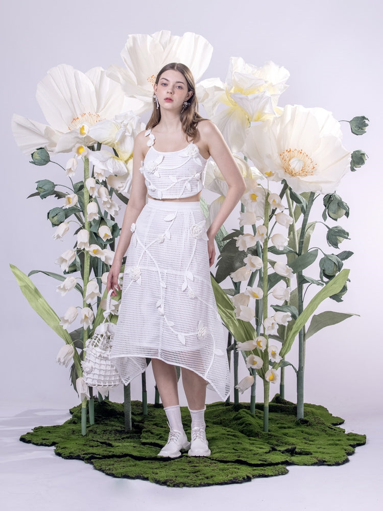 Irregular Hem Mesh Embroidery Flower Three-dimensional Skirt