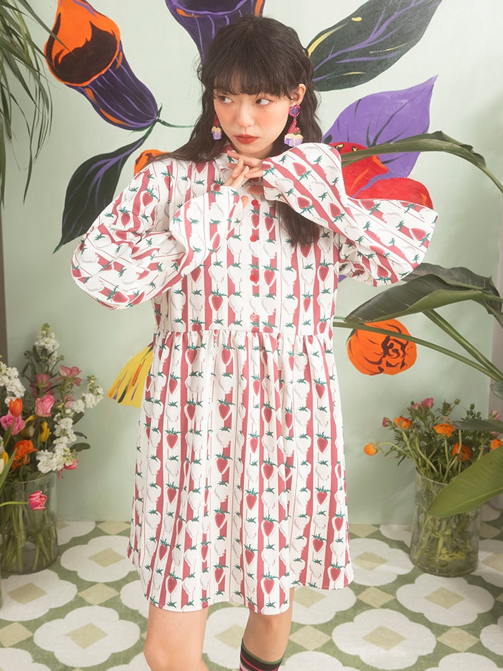 Strawberry Full Print High Waist Doll Collar Dress