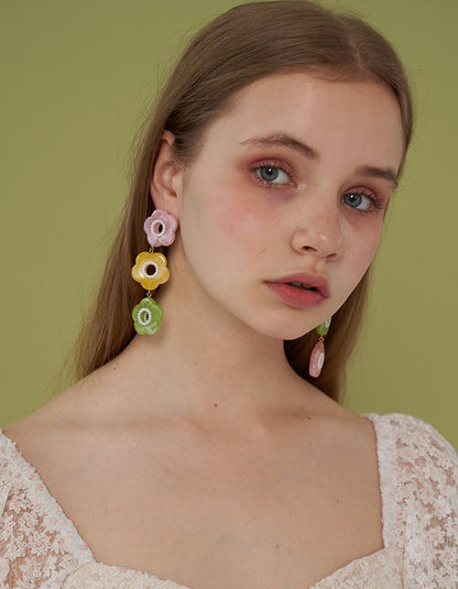 Three-color Blooming Flower Long Earrings