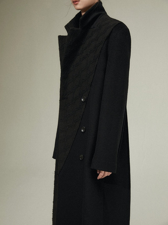 Geometric Texture Stitching Double-breasted Long Woolen Coat