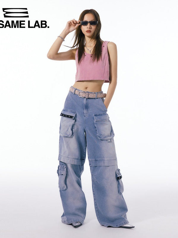 Multi-Pocket Washed Strait Wide-Leg Pants