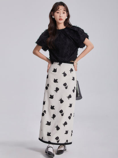 TULIPS APPLIUIDERED LANTERN SLEEVE T-SHIRT &amp; SKIRT