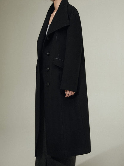 Patchwork Leather Wool Long Coat