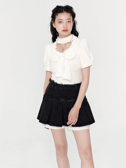 Pleated Denim Shorts Lace Culottes