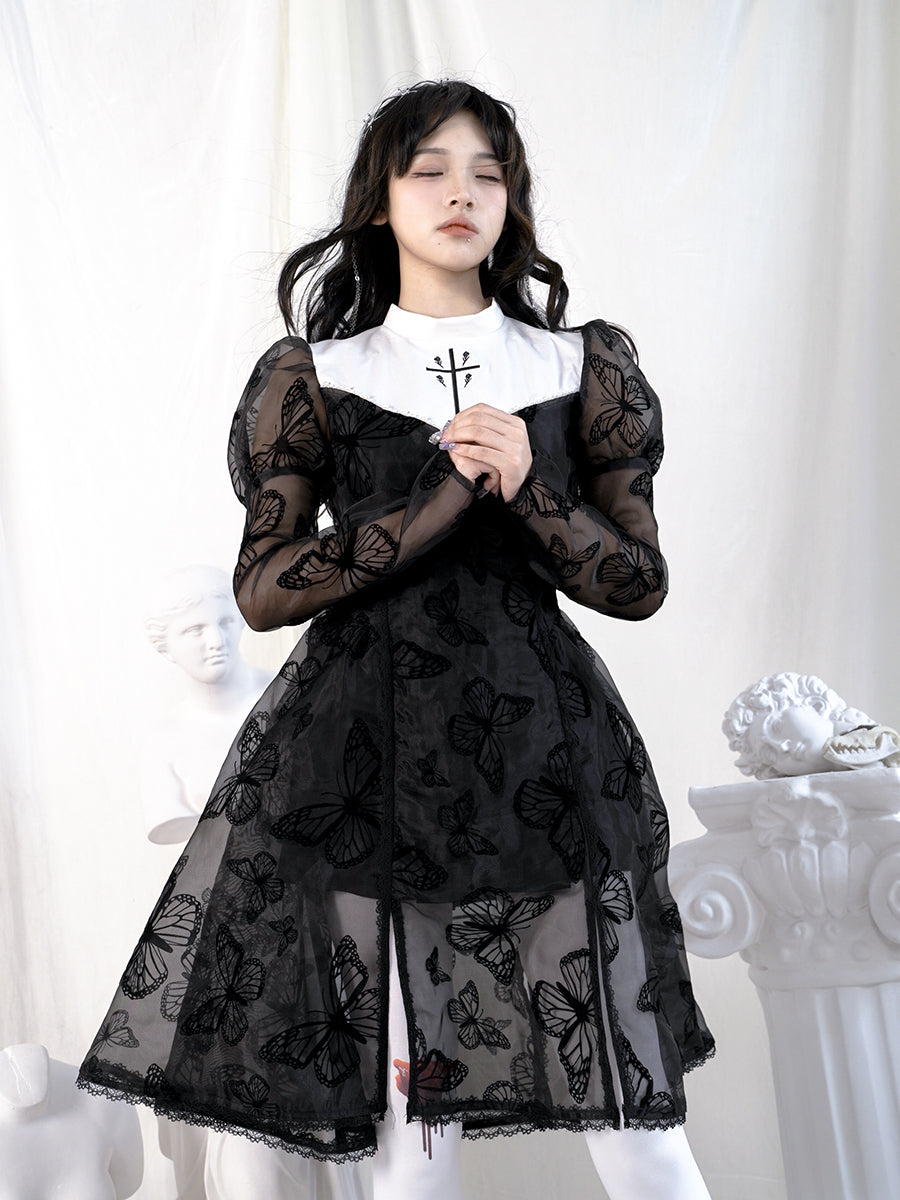 Butterfly Cross Gothic Lace Flare Sheer One-piece