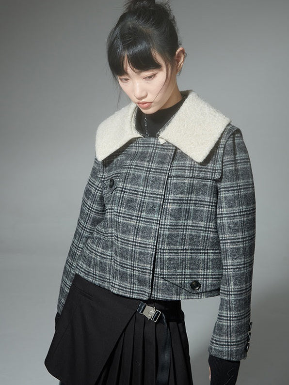 Grid-shaped Asymmetric Double-sided Short Jacket