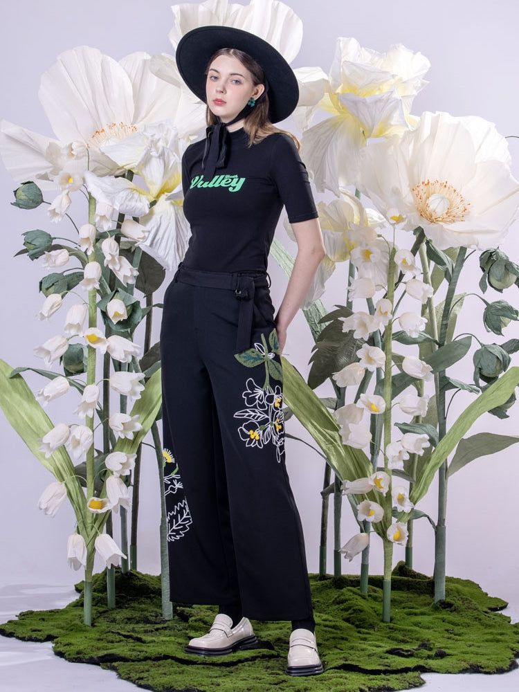 Embroidery Flower Wide-LEG NICHI PANTS